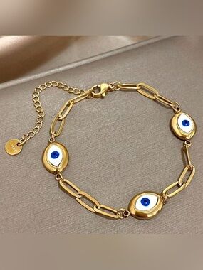 Gold Plated Stainless Steel Evil Eye Link Bracelet